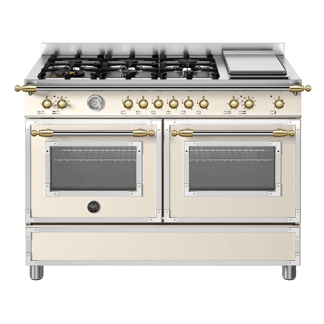 Fogão Bertazzoni Heritage Marfim 120cm 6 Bocas Forno Elétrico 138L: fogão de piso italiano creme 6 bocas com forno elétrico duplo, grelhas ferro fundido e puxadores dourados